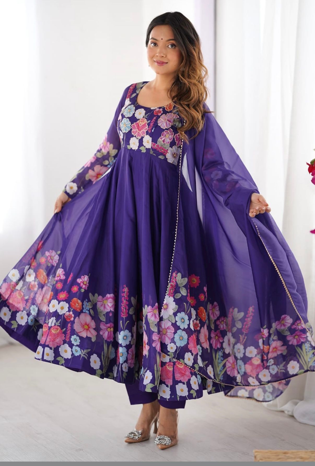Classic Floral Printed Organza Anarkali Suit Set