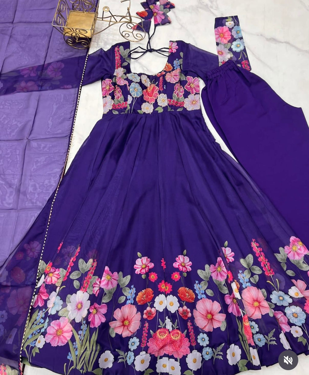 Classic Floral Printed Organza Anarkali Suit Set