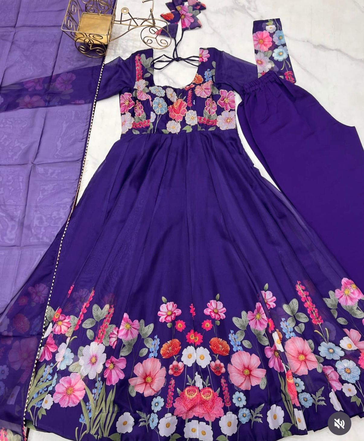 Classic Floral Printed Organza Anarkali Suit Set