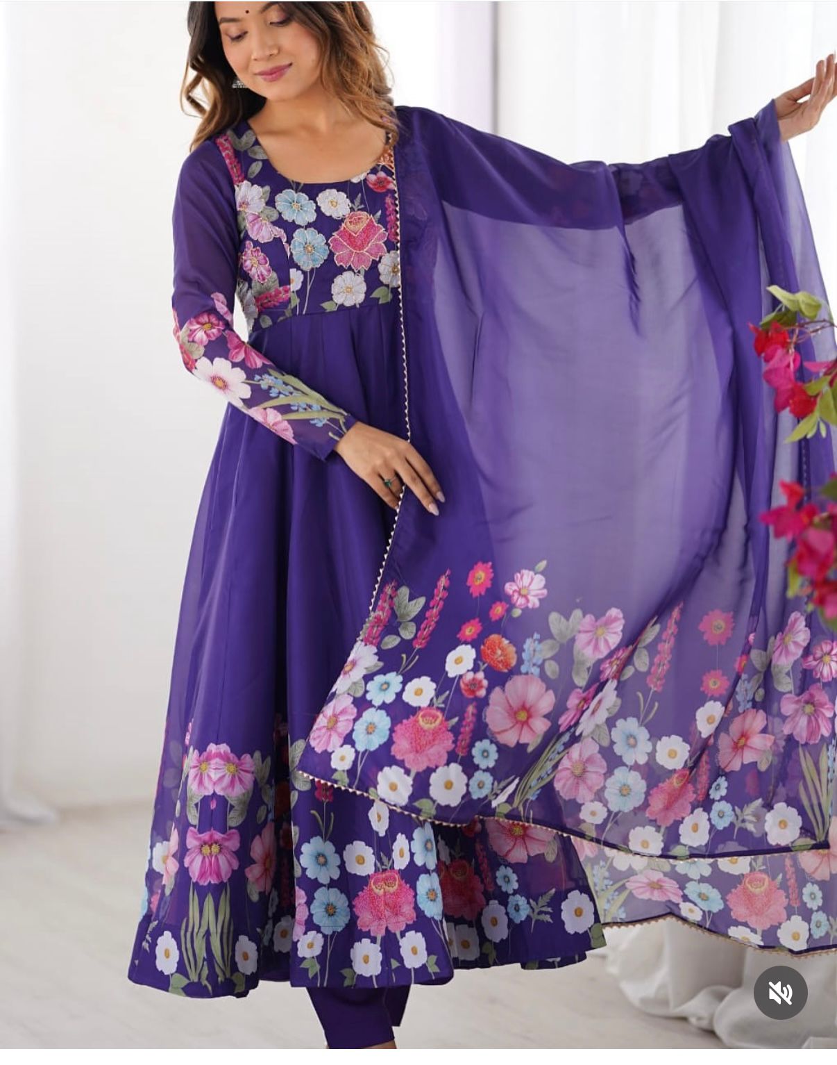 Classic Floral Printed Organza Anarkali Suit Set
